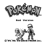 Tela inicial de Pokémon Red em tons monocromáticos no Game Boy