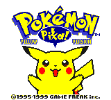 Tela inicial de Pokémon Yellow com sua paleta própria no Game Boy Color